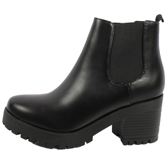 Shoes - Black Chelsea Lug Platform Block Heel Anke Boot